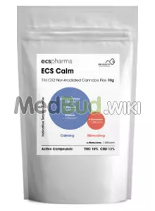 Packaging for ECS Pharma Calm T10:C12 Batha Balanced Medical Cannabis Flower