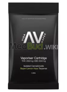 Packaging for Vida T200:C200 Super Lemon Haze Vape Cartridge (510 Fitment) Medical Cannabis