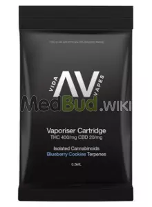 Packaging for Vida T400:C20 Blueberry Cookies Vape Cartridge (510 Fitment) Medical Cannabis