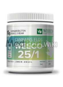 Packaging for Weeco T25 Frosted Lemon Angel Medical Cannabis Flower
